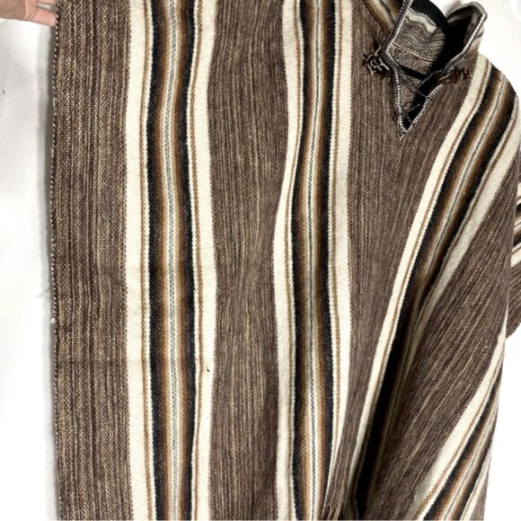 Unisex Brown Tan Striped Woven Alpaca Wool Poncho - Picture 9 of 11